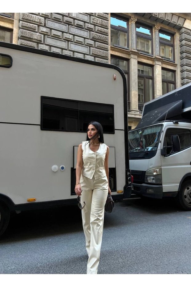Women's Leather Suit Vest and Tube Leg Loose Cut Trousers