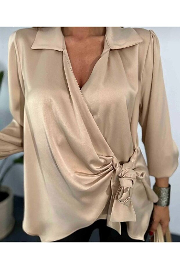NEW SEASON SIDE TIE SHIRT COLLAR SLEVES ELASTIC SATIN STYLISH BLUZ