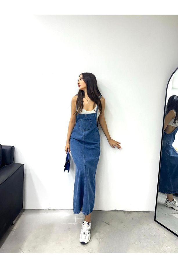 KN Uzun Bahçevan Ön Cepli Askılı Denim Elbise - 3