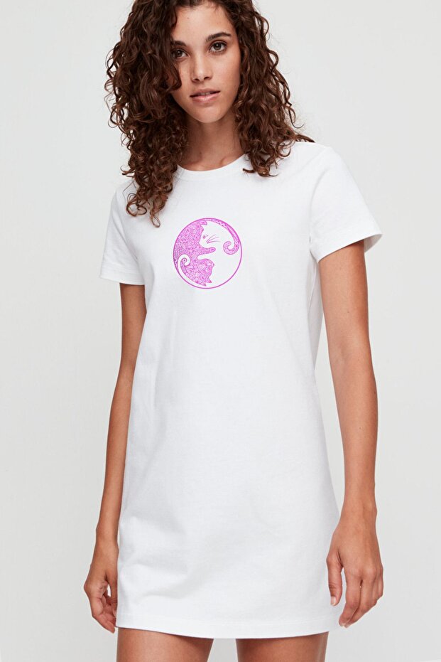 Balance Cats White Short Sleeve Combed Cotton T-Shirt Dress