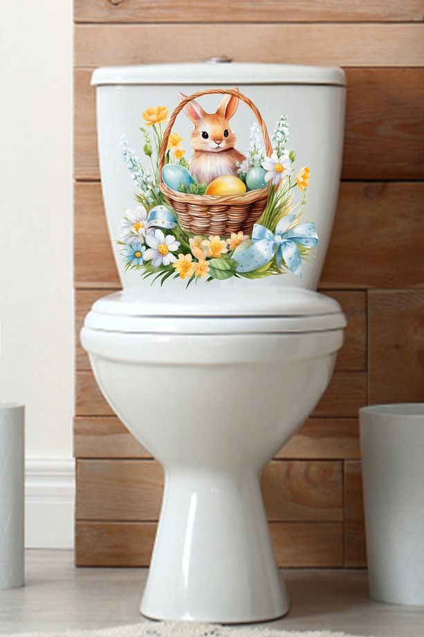 Sepetteki Minik Tavşan ve Kır Çiçekleri Temalı Klozet Sticker Banyo Sticker - 1