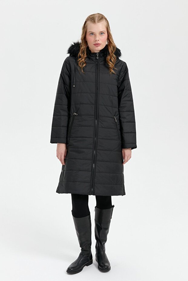 Women's Hooded Fur Long Quilted Coat Black