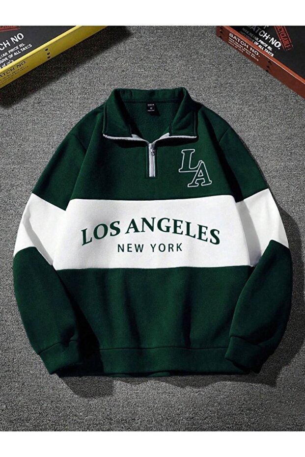 Green White Center One Piece Los Angeles Printed Half Zip Polo Neck Sweatshirt 100% Cotton