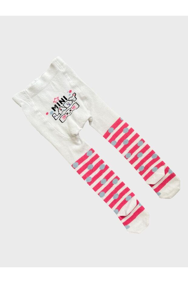 Girl - Star Patterned White Pink Striped Cotton Pantyhose