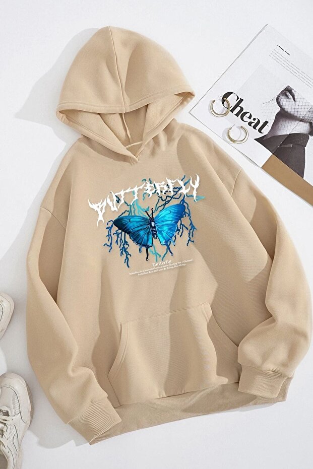 Unisex Blue Butterfly Baskılı Sweatshirt - 1