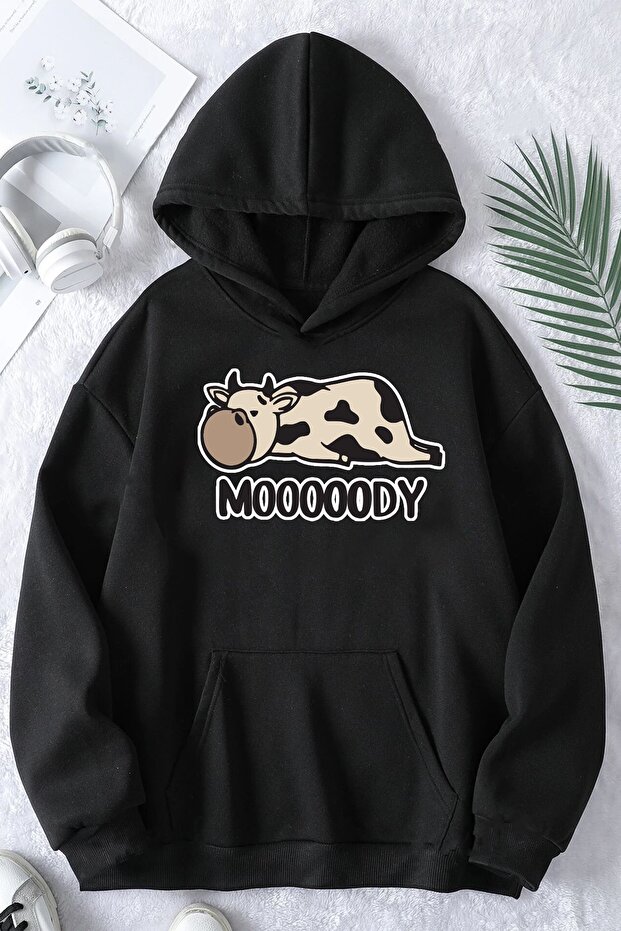 سويت شيرت Mooooody مطبوع للجنسين مقاس كبير