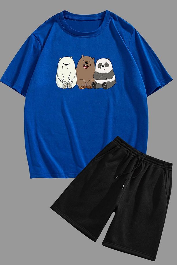 Oversize Kafadar Ayılar Alt Üst Unisex Takım - Şort Tişört - 1