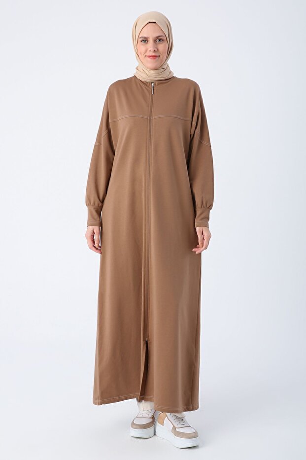 Hnědá bavlněná pletená abaya na zip se zadní kapsou - 2