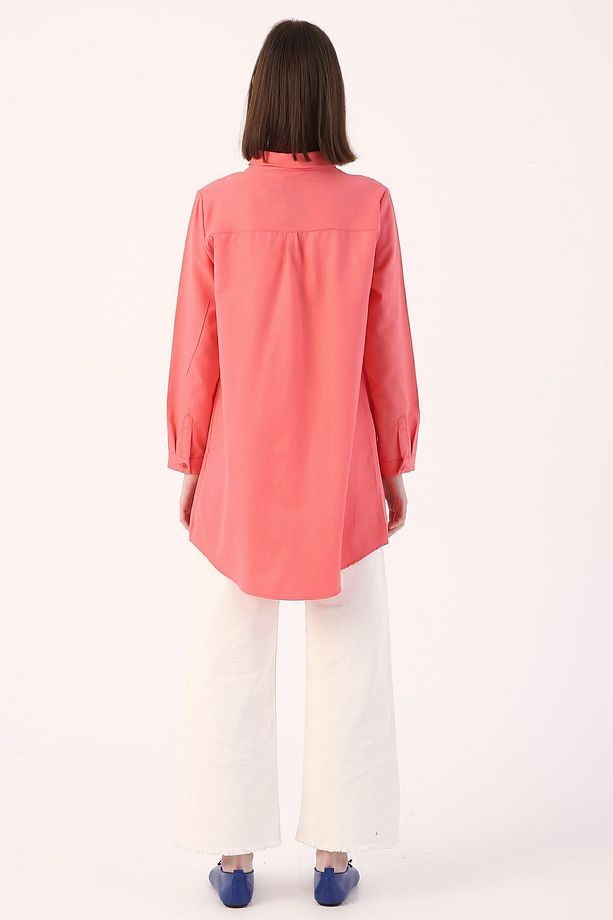 Pembe Basic Gizli Patlı Gömlek Tunik - 4