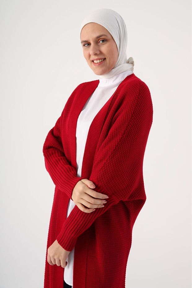 Kırmızı Önü Açık T-kol Triko Hırka - 1
