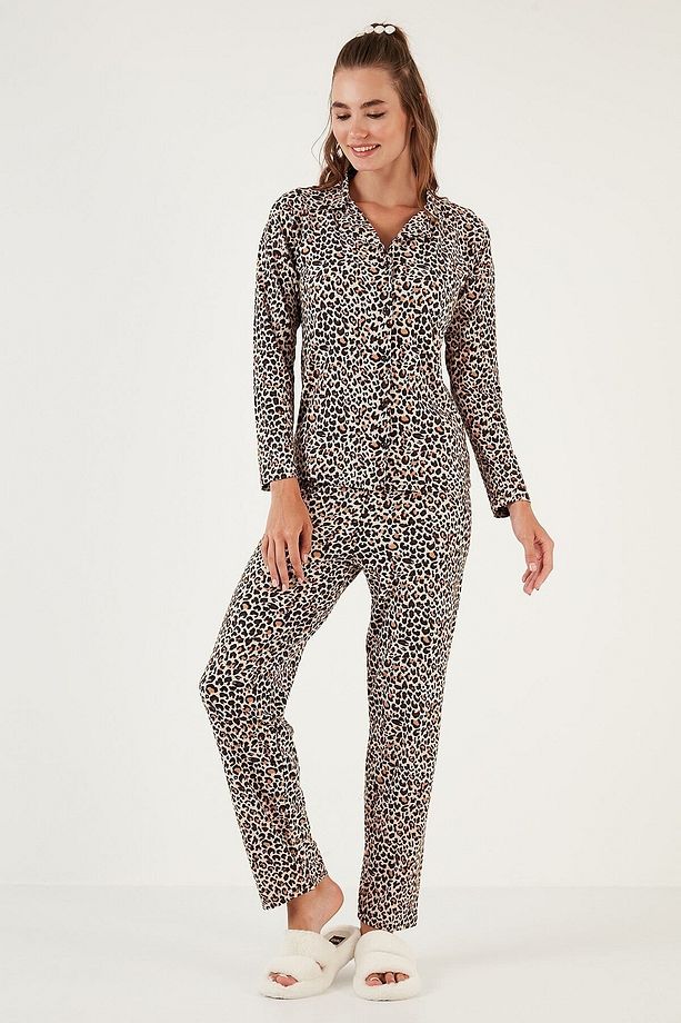 Desenli Beli Lastikli Gömlek Yaka Dokuma Pijama Takımı PİJAMA TAKIMI 6095660 - 6