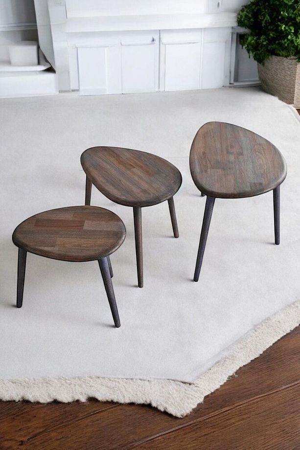 Doğal Ahşap Zigon Sehpa, Masif 3'lü Set, Modern Masif Yan Sehpa - 5