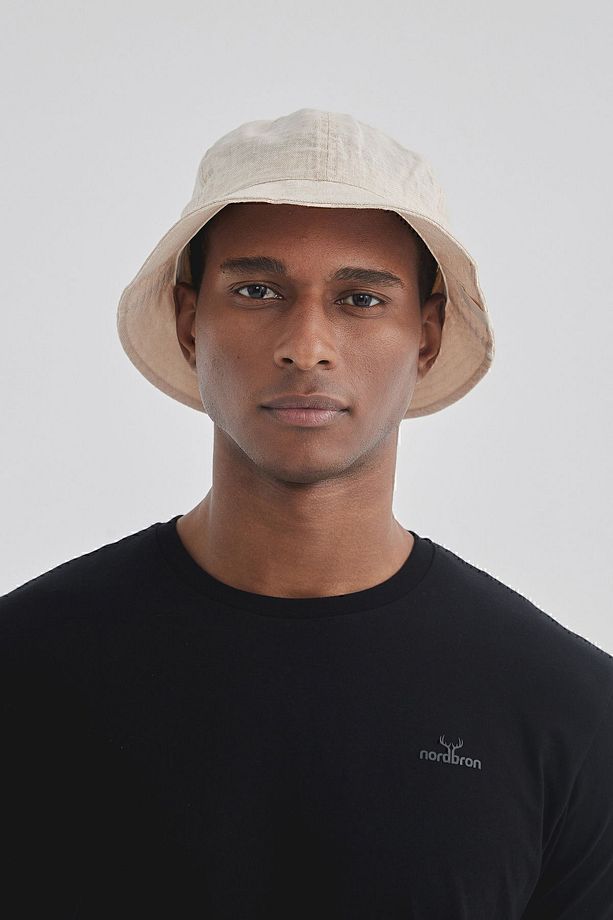 Unisex Bej Keten Logolu Nakışlı Detaylı Basic Kova Bucket Şapka Pamuklu İç Astarlı Cool Nolasco - 4