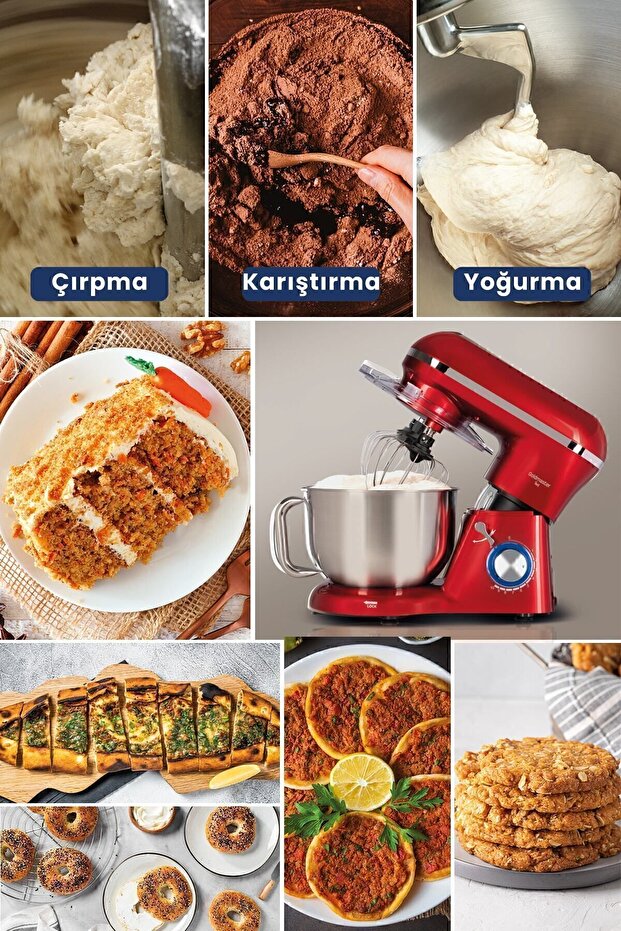 Red 5.5 Liter 10 Level Impact Mixer - Speed Adjustable Whisk and Mixing Kneading Stand - 7