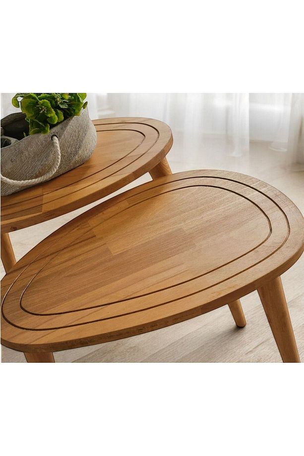 Masif Doğal Ahşap Zigon Sehpa 2'li Set, Modern Masif Yan Sehpa - 3