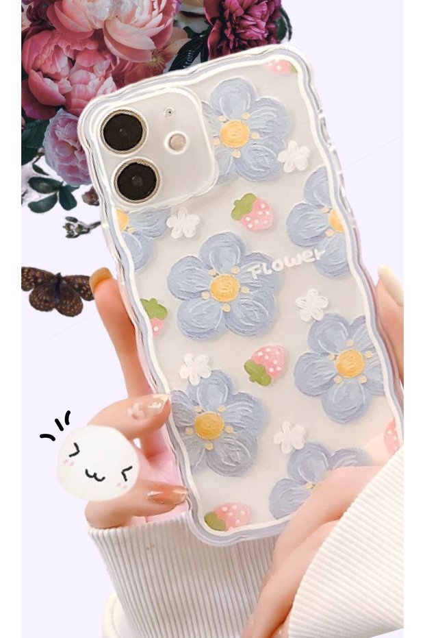 iPhone 12 Clear Wavy Edge Blue Flowers Case
