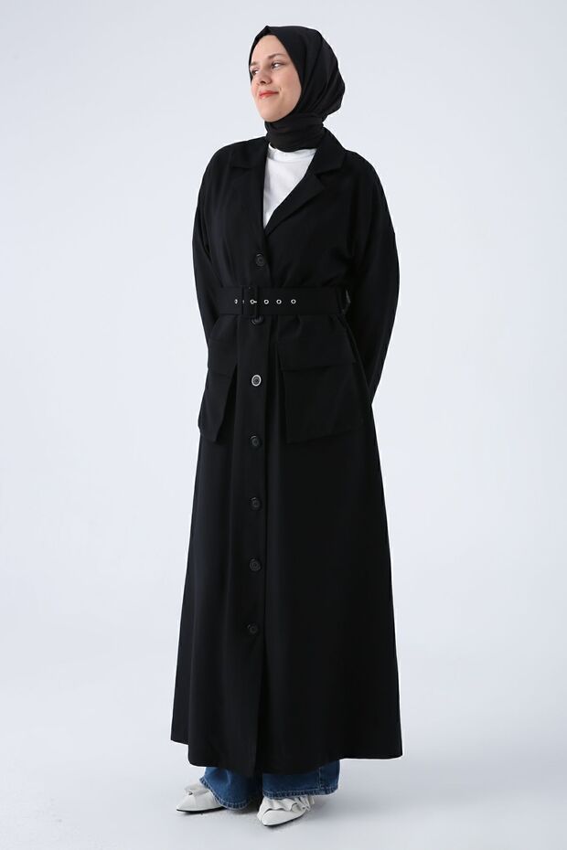 Black Belted Jacket Collared Buttoned Abaya