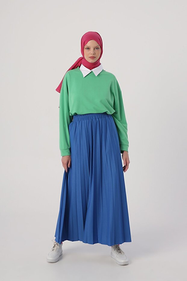 Saks Beli Lastikli Örme Plise Etek - 2