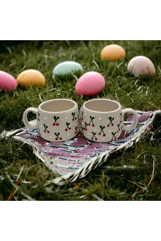 كوب سيراميك مصنوع يدويًا بنمط النقش الكرز مكون من قطعتين - 2