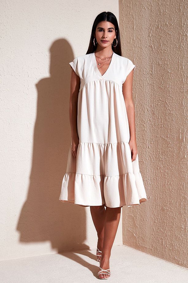 Relaxed Fit V Yaka Volanlı Midi Elbise  ELBİSE 66923982S4 - 2