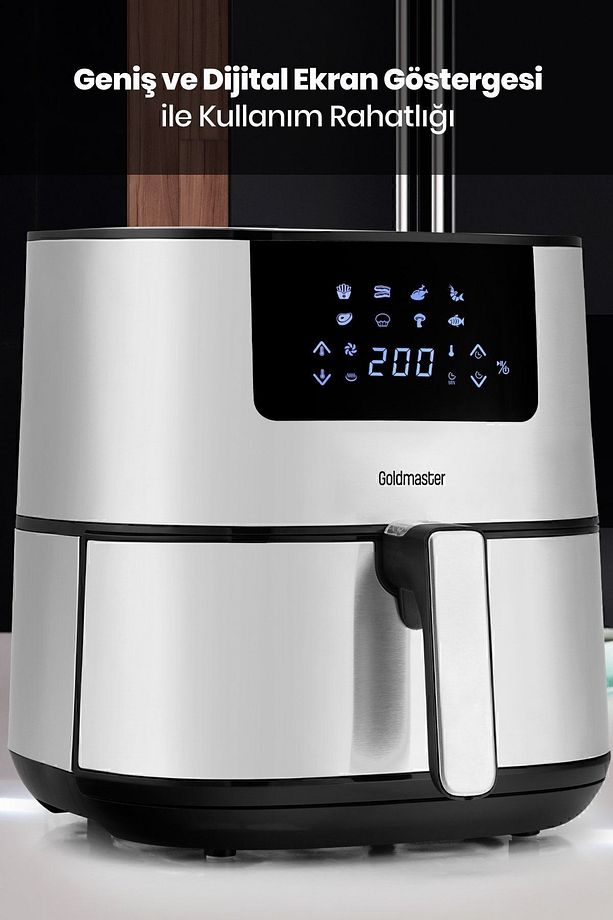 2000 Watt Yüksek Güç 6,4 Litre Inox Geniş Xxl Dokunmatik Airfryer Yağsız Sıcak Hava Fritözü - 2