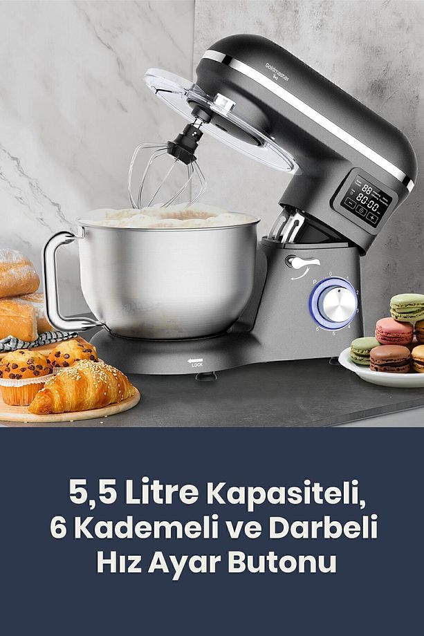 Süpermix Dokunmatik 1500Watt 5.5 Litre Çırpma Karıştırma Yoğurma Antrasit Stand Mikser Mutfak Şefi - 7