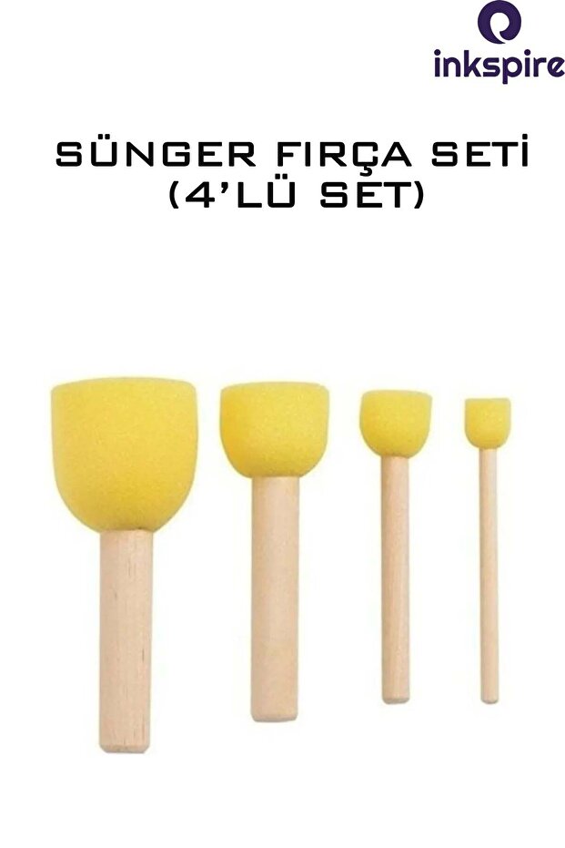 Sünger Fırça Seti 4 Lü Ponpon Tampon Sünger Fırça Ahşap Saplı Tanpon Baskı  Sünger Fırça Seti - 1