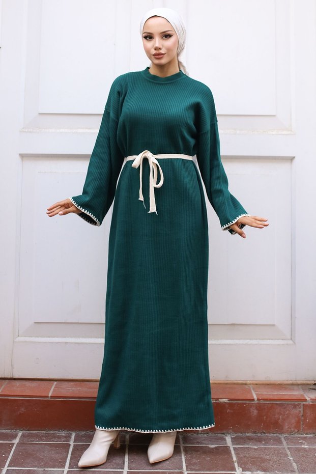 11040-17 Embroidery Detailed Knitwear Dress Emerald Green