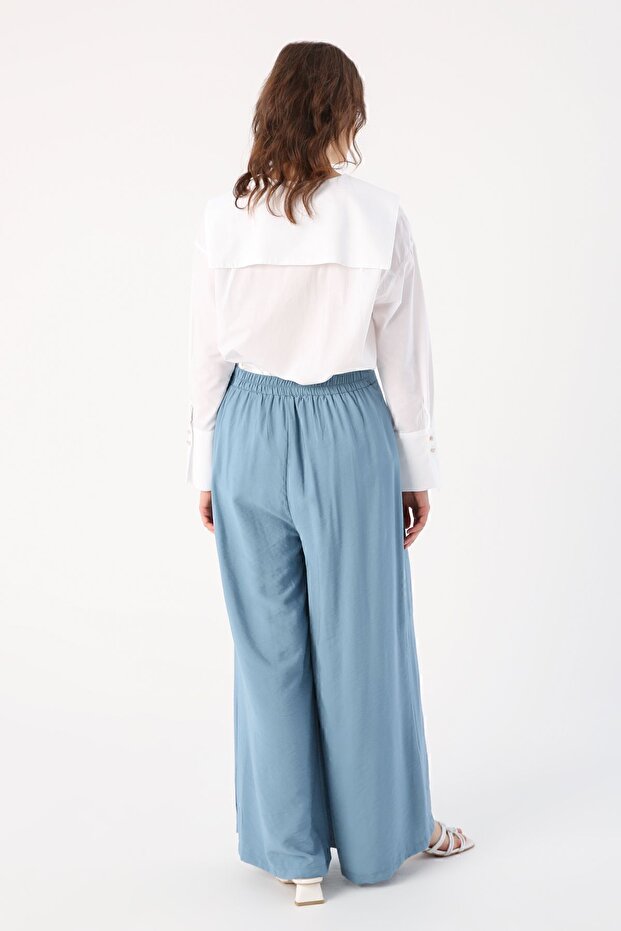 Mavi Beli Lastikli Önü Pileli Bol Paça Pantolon - 4