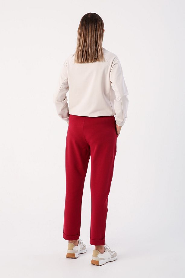 Koyu Bordo Duble Paça Lastikli Rahat Örme Pantolon - 3