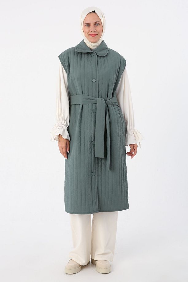 Küf Oversize Çıtçıtlı Dikey Çizgi Uzun Kapitone Yelek - 2