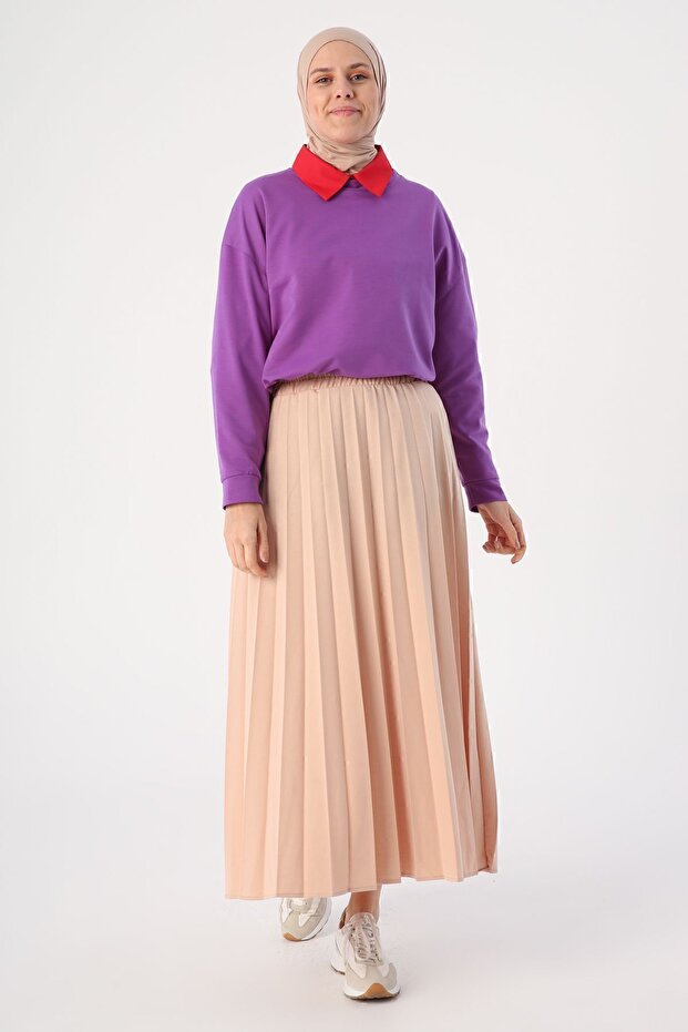 Bej Beli Lastikli Örme Plise Etek - 2