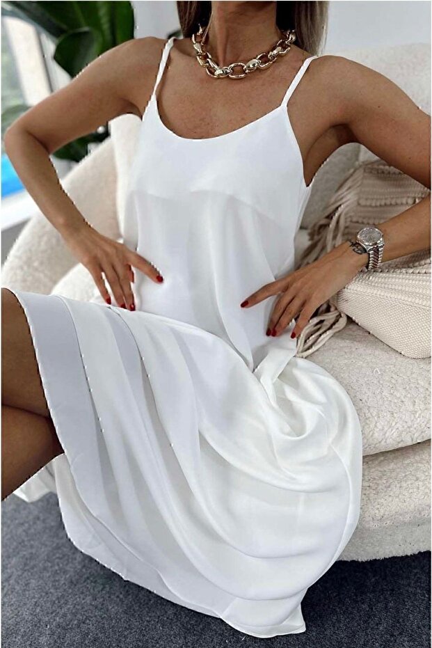 Ayrobin Fabric Long White Dress with Adjustable Straps