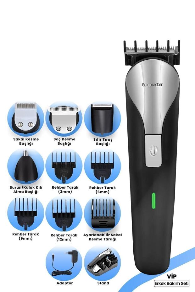 GoldMaster Vip Sıfır Başlıklı Paslanmaz Çelik Standlı 9 In 1 Erkek Bakım Seti Ve Tıraş Makinesi