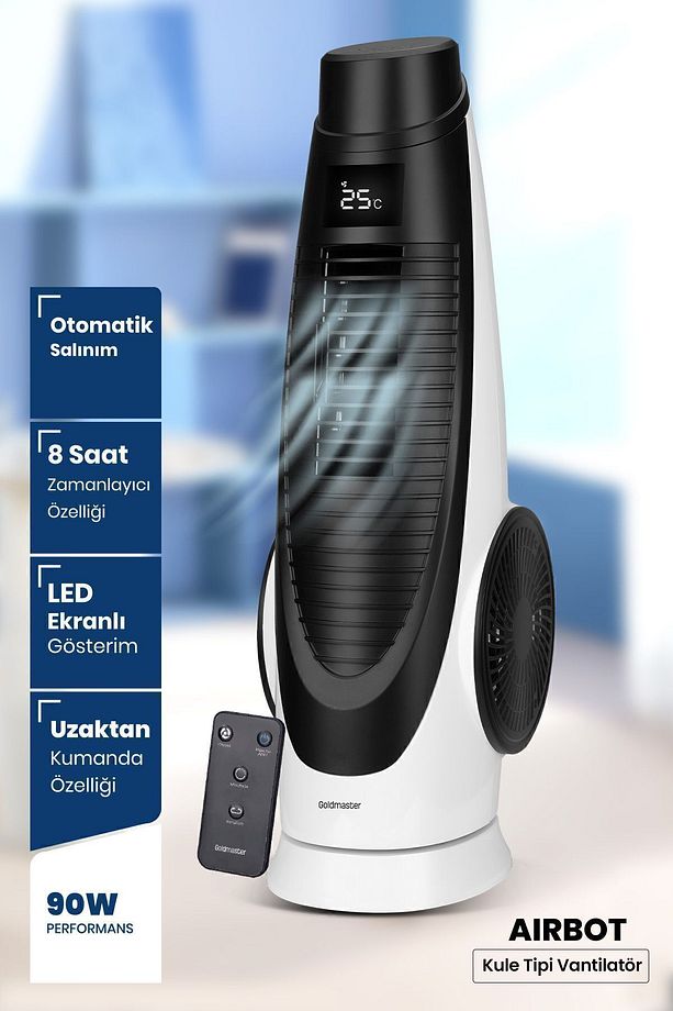 Airbot Dokunmatik Led Ekranlı Hız ve Zaman Ayarlı Salınımlı Uzaktan Kumandalı Kule Tipi Vantilatör - 3