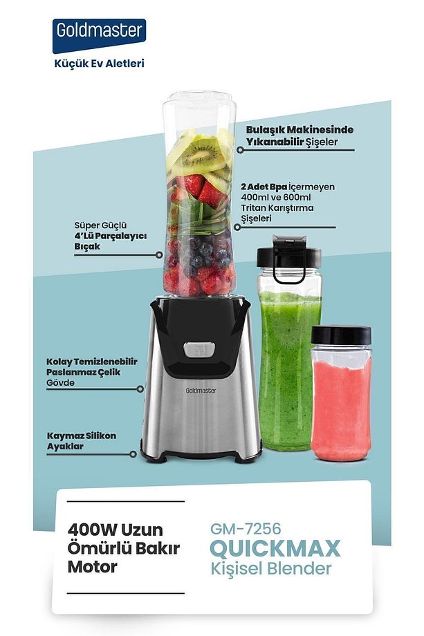 Quickmax Buz Kırma Özellikli Inox 2 Adet Bpa Free Tritan Şişeli Kişisel Personal Smoothie Blender - 5