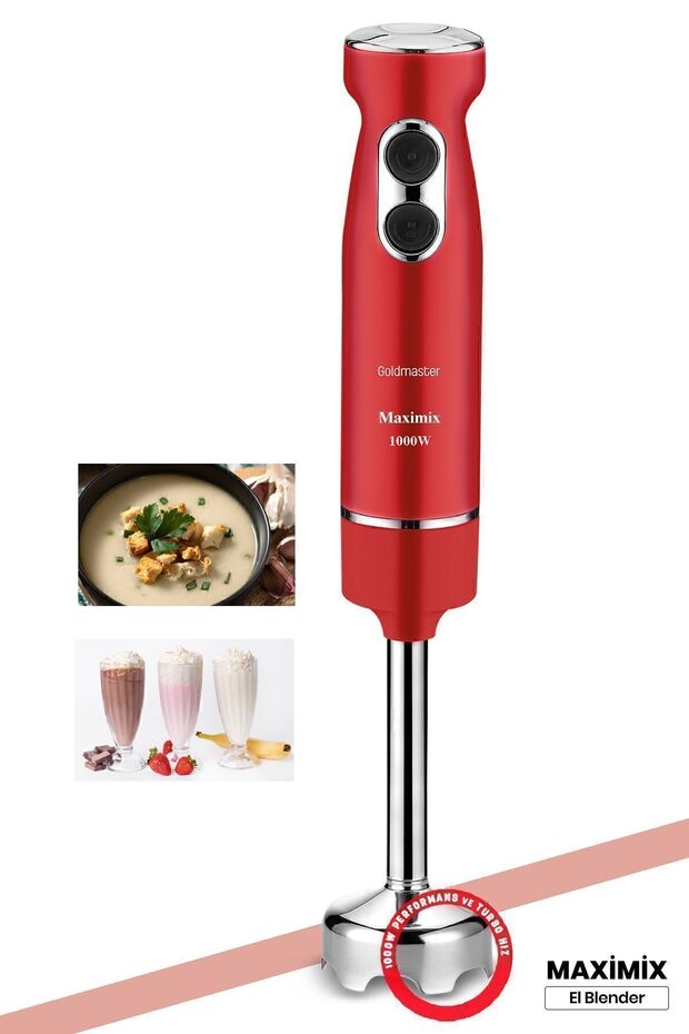 Maximix Kırmızı 1000 Watt 4 Bıçaklı Paslanmaz Çelik Turbo Hız Ayarlı El Blender - 1