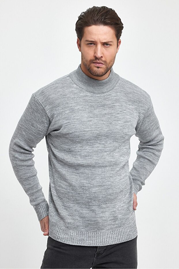 Men's Gray Half Turtleneck Non-Pilling Thick Textured Regular Fit Knitwear Sweater