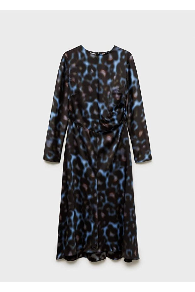 Desenli Drape Saten Elbise - 3