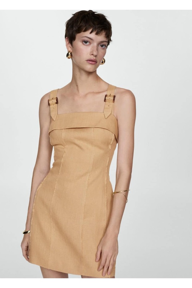 Tokalı Askılı Keten Elbise - 1