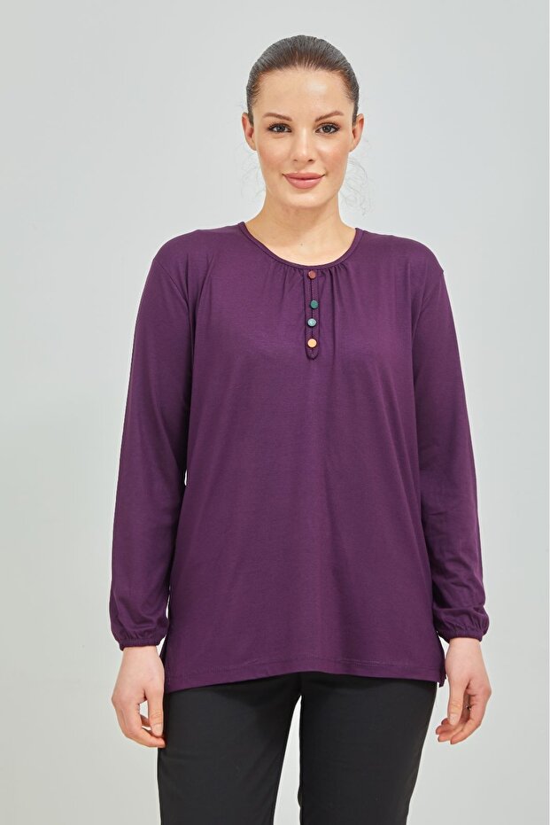 Women's Purple Sleeves Elastic Lycra Mother's Combed Cotton Blouse