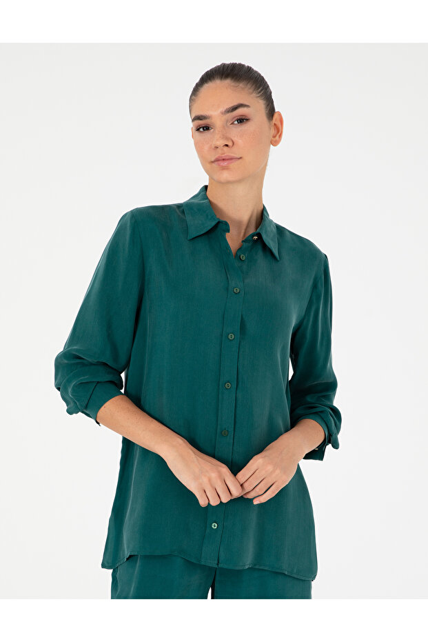 Dark Green Comfort Fit Long Sleeve Shirt 50292279 -Vr079