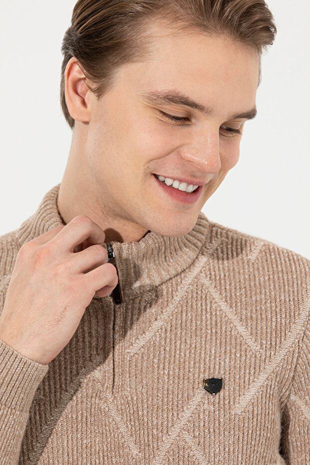 Men's Camel Melange Stand Collar Knitwear Sweater 50253084 -Vr122