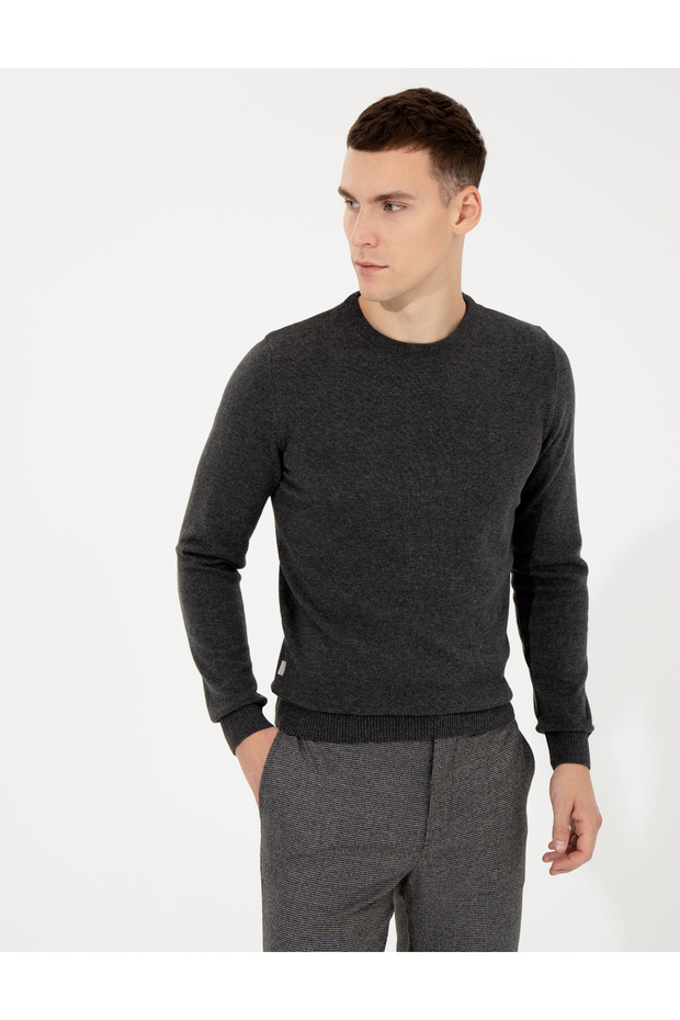 Gray Melange Slim Fit Crew Neck Basic Knitwear Sweater 50257290-Vr086