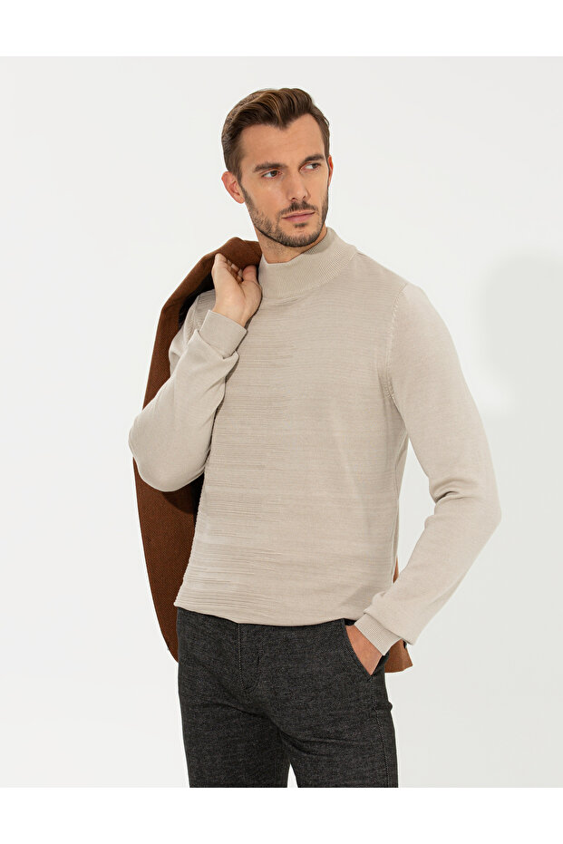 Sand Melange Slim Fit Half Turtleneck Knitwear Sweater 50258797-Vr123