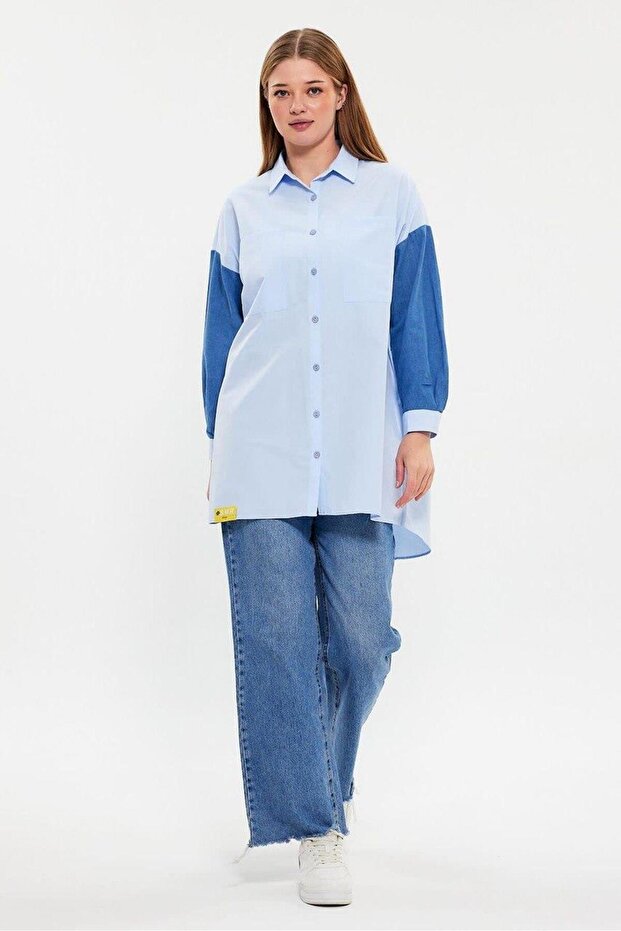 Blue Cotton Tunic - Denim Detailed