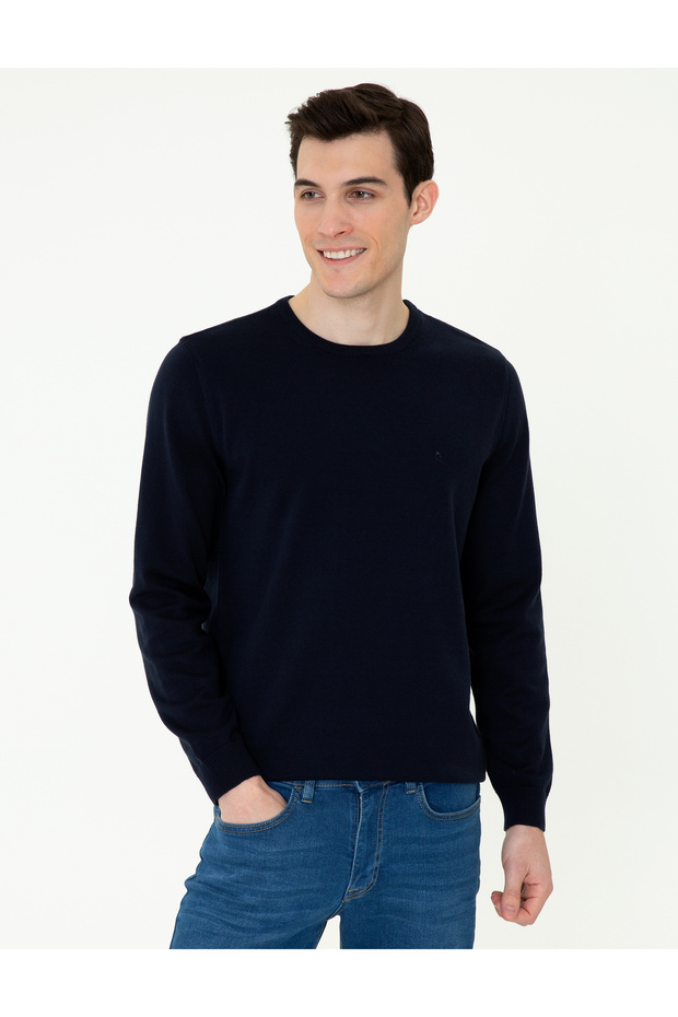 Navy Blue Slim Fit Crew Neck Basic Knitwear Sweater 50237801-Vr033