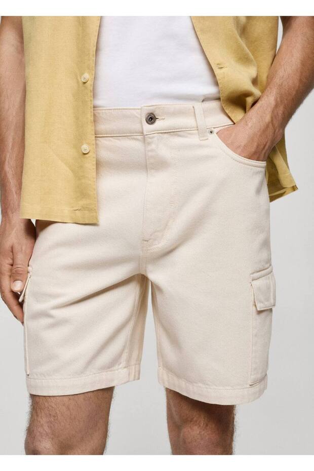 Denim pamuklu kargo bermuda şort - 5