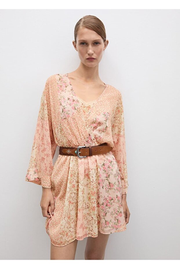 Kısa çiçek desenli elbise - 1