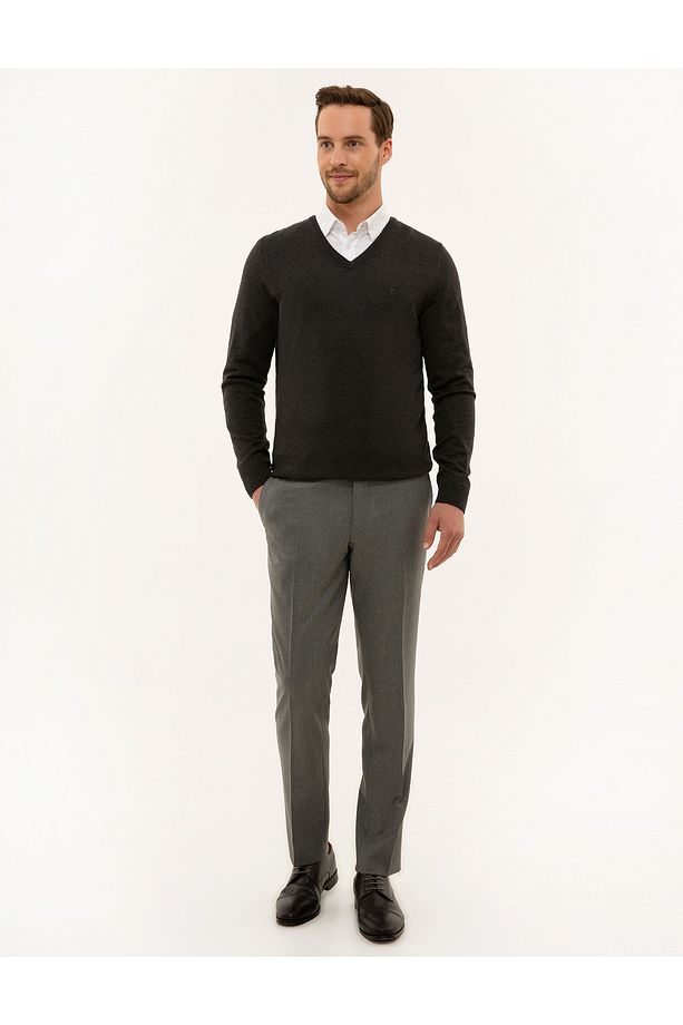 Antrasit Melanj Slim Fit V Yaka Basic Triko Kazak 50229214-vr081 - 5